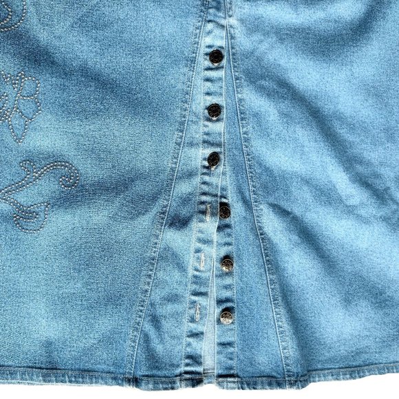 Denim&Co Denim Skirt (Sz 16, 37" L) Button Front Slit ~ Embr. Dot Swirl Design - Picture 3 of 14